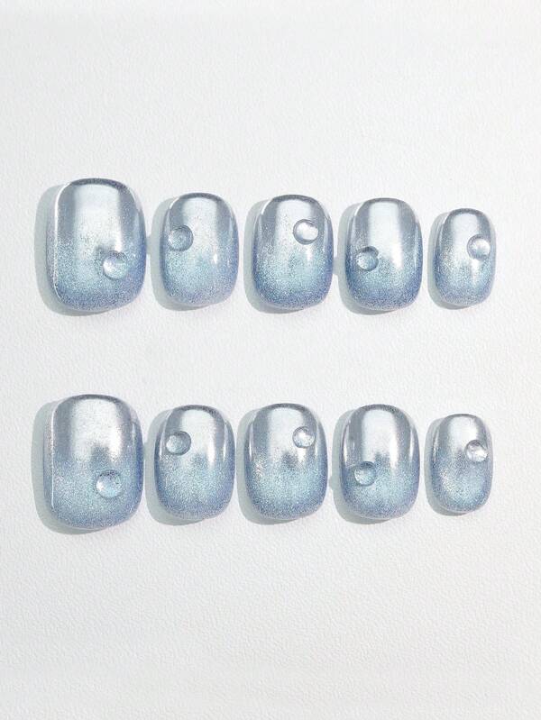 10pcs Handmade Premium Ombre Wear-Resistant Minimalist Blue Cat Eye Nail Art