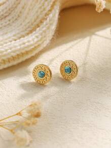 1 Pair Vintage Blue Turquoise Round Textured Earrings, Geometric Design Stainless Steel Jewelry, Suitable For Daily Wear And Holiday Gifts - Yellow Gold - View 5