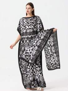 1pc Style Printed Robe With Headscarf For Women, Casual Vacation Robe - Multicolor - View 8