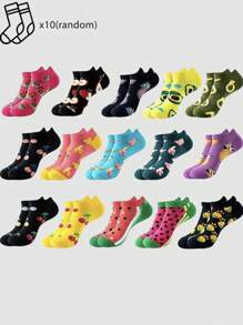 10 Pairs Women's Crew Socks With Multicolor Prints, Fruits, Watermelon, Comfortable & Versatile, Suitable For School, Students, Lounging, Pregnant Women