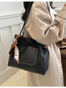 女士复古皮革托特包，大容量，2025春季个性斜挎包，适合工作和通勤，附赠1条随机颜色围巾 - 黑色 - 查看 3