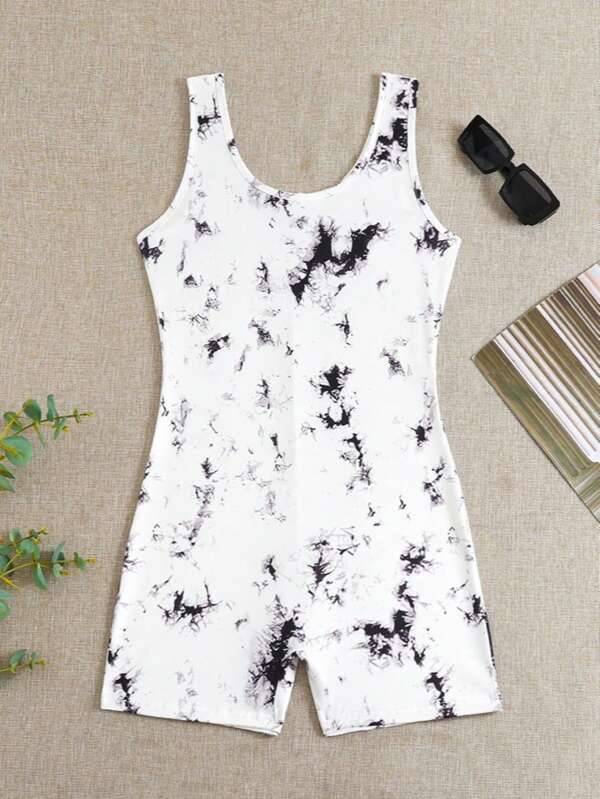 1pc White Ink Splash Print Casual Form-Fitting Jumpsuit