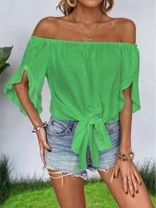 Blusa Holgada con Hombros Descubiertos y Detalle de Lazo para Mujer - Verde - Ver 2