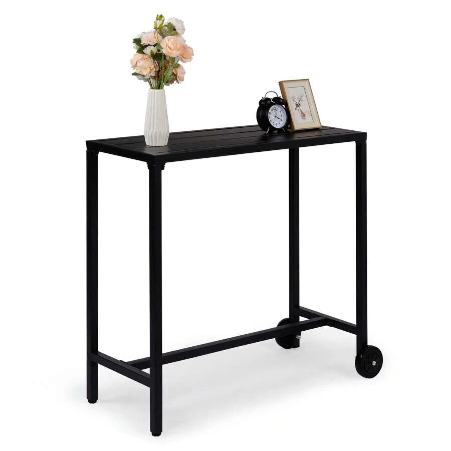 SYMCAVE 40" Outdoor Bar Table With Wheels, Rectangle Narrow Counter Height Table, Ideal Bar Height Table For Balcony Patio Garden Yard Poolside, Black