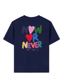 1pc Girls Casual Printed Round Neck Short Sleeve T-Shirt, Colorful Love & Heart Graphic Tees Bring Joy & Happiness, Summer Student Tops, Kids Clothes