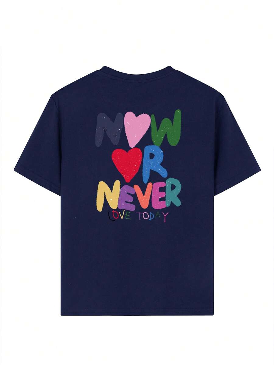 1pc Girls Casual Printed Round Neck Short Sleeve T-Shirt, Colorful Love & Heart Graphic Tees Bring Joy & Happiness, Summer Student Tops, Kids Clothes