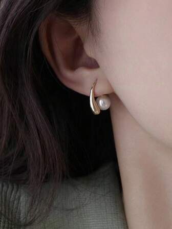 1 Pair Fashion Metal Water Drop Faux Pearl Highend Stud Earrings For Women