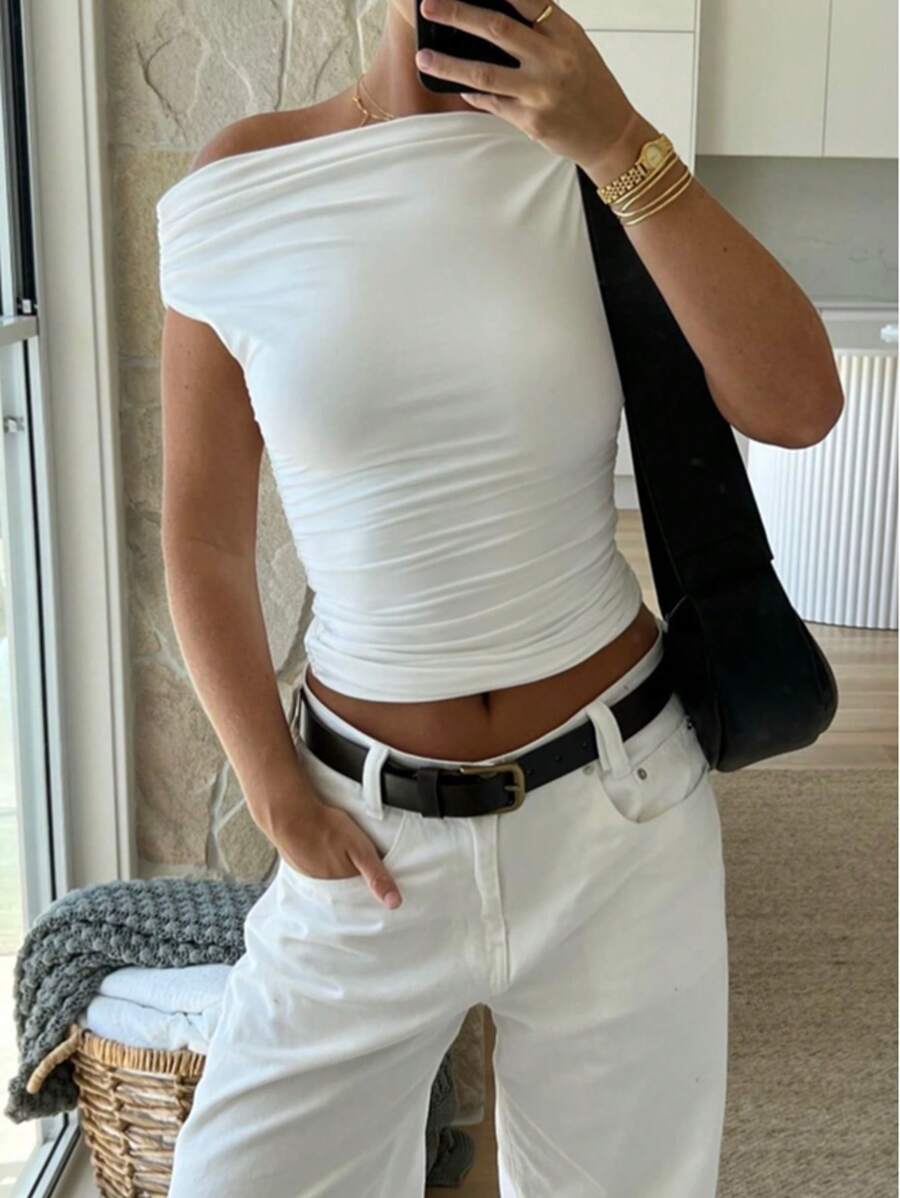 Solid Color Open Shoulder Ruched Waist Elegant Fitted T-Shirt For Women - White - View 1