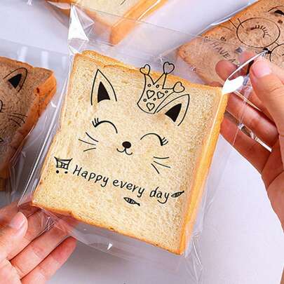 100个面包袋 - 可爱卡通图案，自封口，适用于包装面包片、糖果、巧克力、饼干和其他食品，中号面包袋/小号饼干袋，款式随机