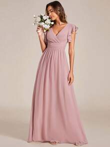 EVERPRETTY Spring Short Sleeve Ruched V-Neck Draped Asymmetric Chiffon Bridesmaid Dress, Pink