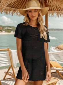 tooluck Women Crochet Swim Cover Up Knit Short Sleeve Pullover Beach Dress - 黑色 - 查看 5