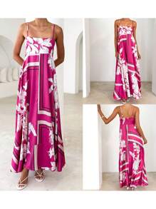Women's Long Cami Dress Stripe/Dot Print Spaghetti Strap Backless A-Line Flowy Dress - 玫紅色 - 查看 8
