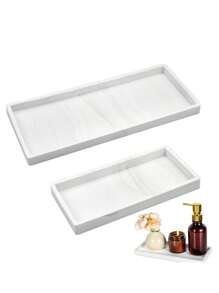 2pcs Marble Bathroom Tray Set, Silicone Material, White Marble Texture, Suitable For Bathroom, Bathtub, Kitchen Sink And Bathroom Silicone Tray - Multicolor - View 2
