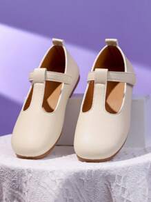 1 Pair Girl's Beige Flat Shoes, PU Material With Hook And Loop Adjustable Size Design, Round Toe, TPR Anti-Slip Comfortable Light-Weight Solid Color Dance Shoes, Suitable For Girls Aged 5-14, For School, Party, Outdoor Daily Casual Wear - Beige - View 1