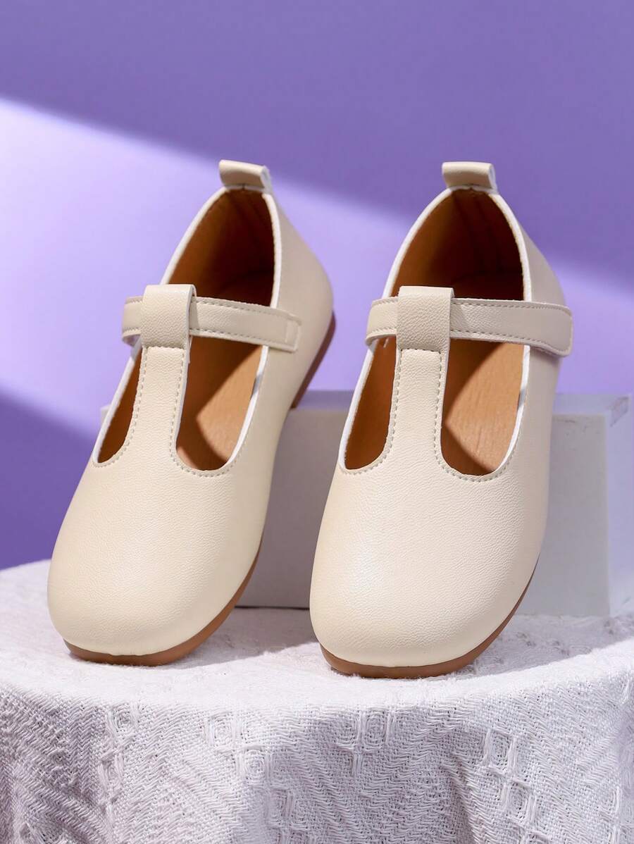 1 Pair Girl's Beige Flat Shoes, PU Material With Hook And Loop Adjustable Size Design, Round Toe, TPR Anti-Slip Comfortable Light-Weight Solid Color Dance Shoes, Suitable For Girls Aged 5-14, For School, Party, Outdoor Daily Casual Wear - Beige - View 1