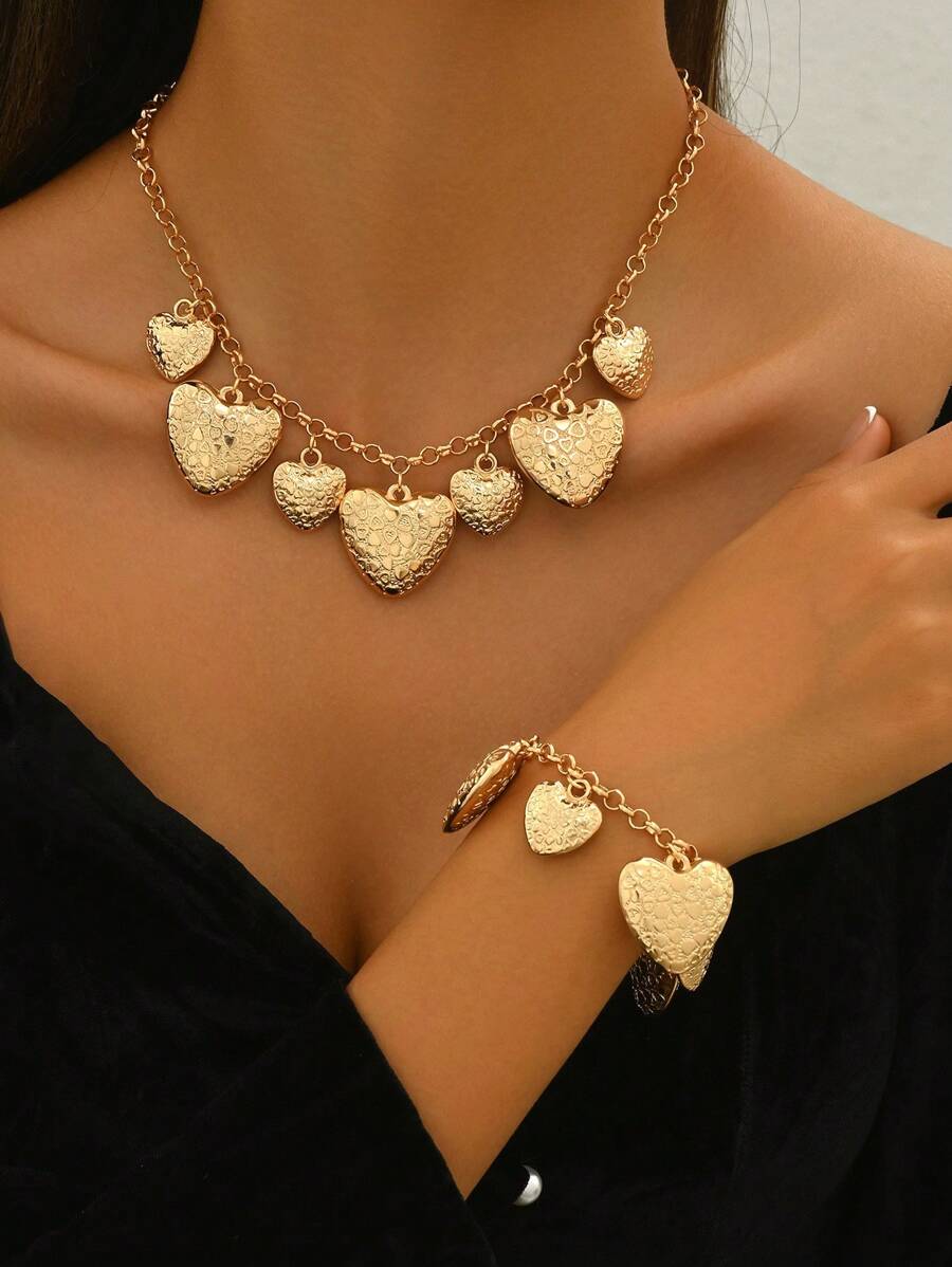2pcs Fashionable Minimalist Round Ring Chain Geometric Carved Heart Pendant Necklace And Bracelet Set, Women's Daily Matching, Festival Party And Gathering Wear, Also Suitable For Gifts To Girlfriends, Friends, And Loved Ones