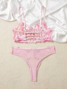 2pcs/Set Women Sexy Lace Floral Embroidered Bralette And Panty Set, Adjustable Strap Lingerie Set For Romantic Bedroom, Valentine's Day - Pink - View 3