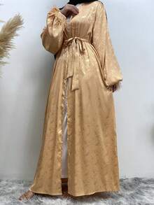 Feather Cuff Print Satin Middle Eastern Style Cardigan For Women - Gold - View 4