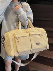 Fashionable Solid Color Unisex Large Capacity Multi-Pocket Handbag, Functional Shoe Compartment & Wet/Dry Separation Storage Bag, Versatile For Travel, Gym, Outdoor, Vacation - Khaki - View 4