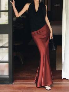 女士时尚性感缎面高端裙子，酒红色，优雅