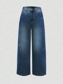 Pantalones vaqueros de pierna ancha en azul deslavado y desgastado, estilo vacacional para mujer Y2K