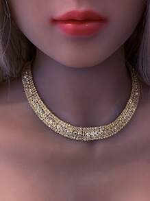 1set Shiny Gold Rhinestone Necklace & Earrings Set, Fashionable Party Accessory For Women