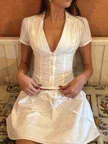 Women Y2K Button Down Shirt Crop Top Solid Color Short Sleeve Deep V Neck Button Down Pleated Slim Fit T Shirts Summer Casual Going Out Tops Tight Tee Blouses Party Club Streetwear - trắng - Xem 5