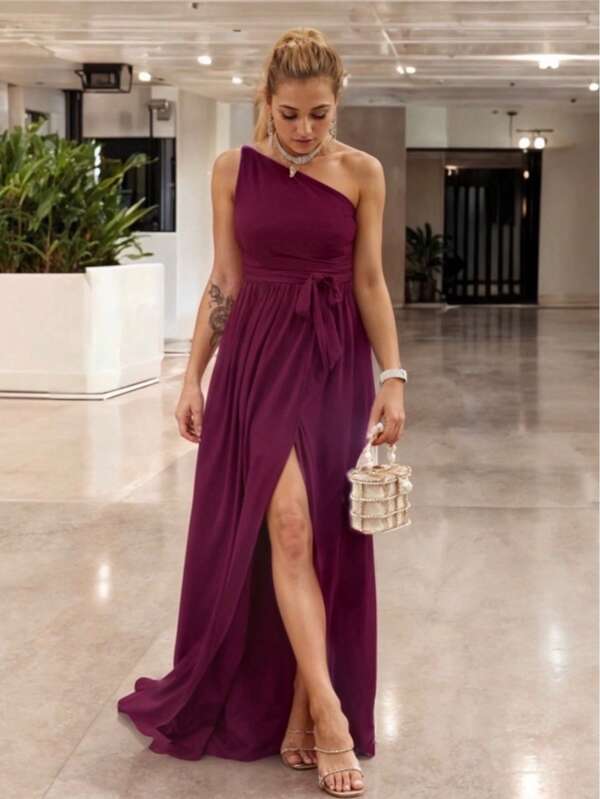 Vestido Largo Elegante Hombro asimétrico y Descubierto Abertura en la Pierna con detalle de cinturón para Mujer