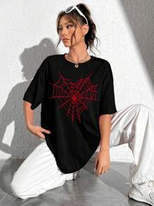 Camiseta Feminina Com Estampa de Teia de Aranha - Preto - Visão 4