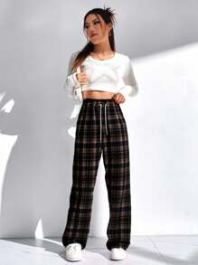 Pantalones largos de mujer, pantalones de cuadros estilo británico, casuales, nueva colección de verano 2025, pantalones rectos y holgados - Gris marrón negro - Ver 1