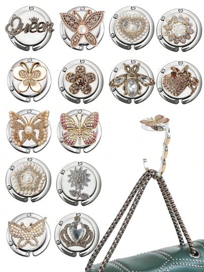 Rhinestone Encrusted Circular Butterfly Design Folding Bag Hanger, Pearl Decor Clip-On Desk Hook For Hanging Bags