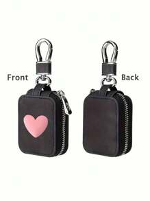 带有立体心形图案的耳机盒，小型 PU 便携式耳机盒，带网袋和钥匙扣的保护性收纳袋，无线耳机 USB 线，适合旅行、户外、度假、商务，小巧方便携带，可挂在包包、皮带上，多功能，母亲节礼物，节日礼物，情侣配饰