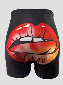 夏季薄款紧身弹力涤纶闪亮性感唇膏印花短裤