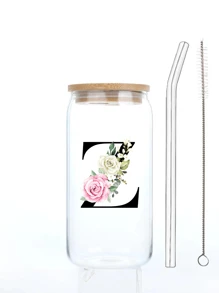 1 buc. Flori imprimate 3D, litere negre, ceașcă de sticlă cu capac, paie și perie cu paie, 16 oz, sticlă de apă, reutilizabilă, simplă, transparentă, de băut pentru lapte, ceai, petrecere, cafea, personalizată, creativă, utilizare în aer liber