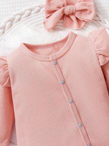 Neugeborenes Baby Mädchen einfarbiger Langarm Jumpsuit mit Schleife - Pink - Übersicht 3