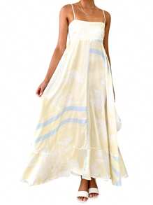 Women's Long Cami Dress Stripe/Dot Print Spaghetti Strap Backless A-Line Flowy Dress - 黃色 - 查看 8