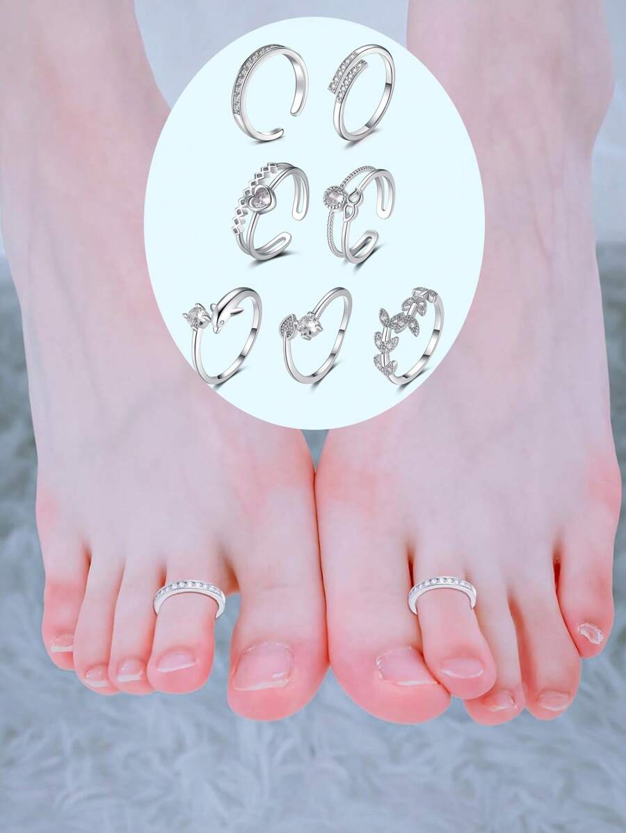 Toe Rings For Women Adjustable Toe Rings Open Cuff Toe Rings CZ Daisy Moonstone Ring Band Rings Beach Foot Jewelry - Silvery - View 1
