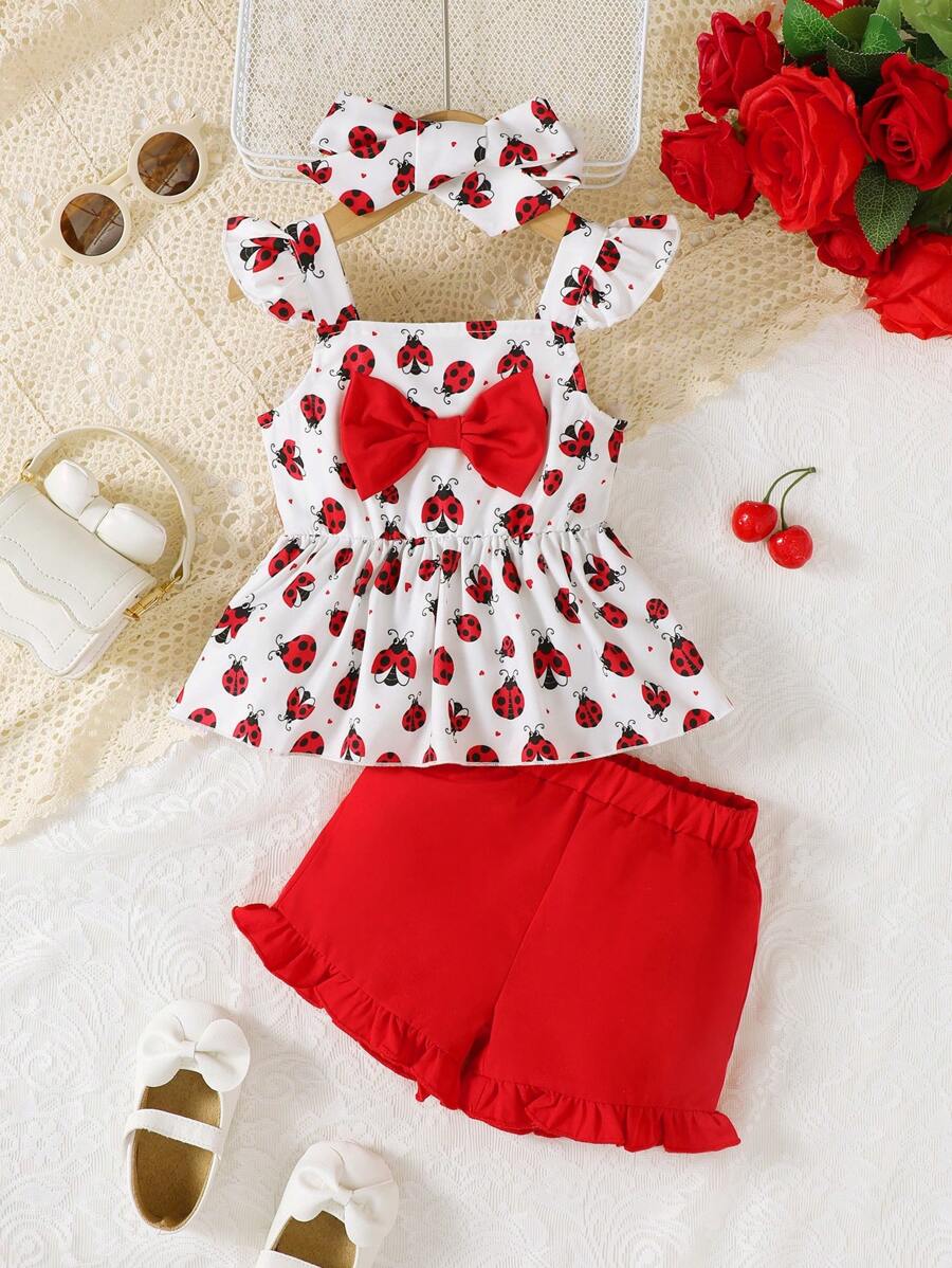 Conjunto de 3 peças de vestido de joaninha fofo com manga curta e babados, top e shorts de tecido misto de cor sólida com faixa na cabeça, roupa casual - Vermelho - Ver 1