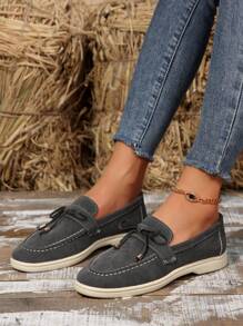 2025 秋季女士四季仿麂皮一脚蹬乐福鞋，休闲鞋，舒适平底芭蕾鞋 - 深灰色 - 查看 3