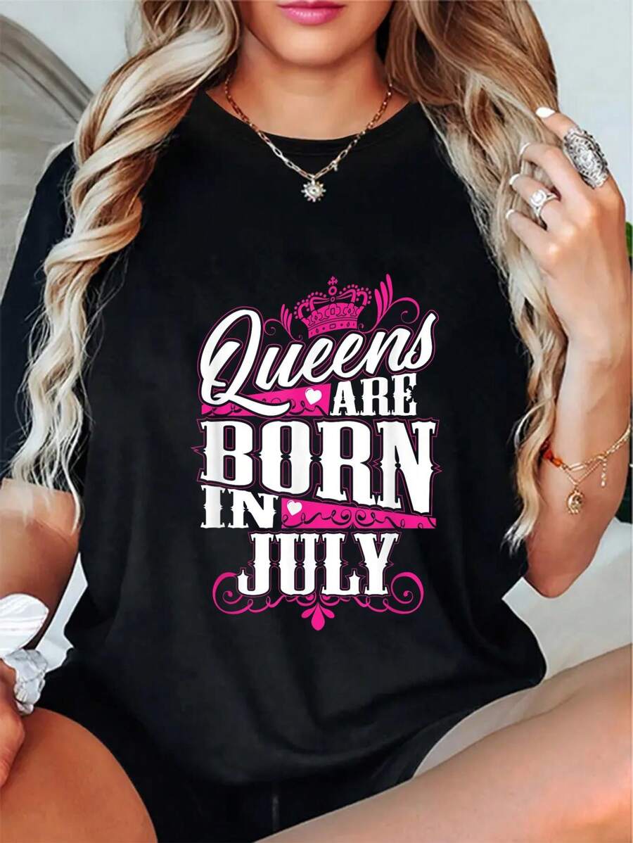 Queens Are Born In July Birthday T-Shirt Casual Short Sleeve Shirt - Black - View 1
