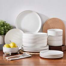 MALACASA 16-Piece Porcelain Dinnerware Set, Plates And Bowls For 4 People - White And Khaki