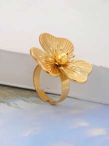 时尚优雅的女士不锈钢花卉可调节戒指 - 金黃色 - 查看 3