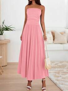 Women Summer Strapless Dress Sleeveless Tube Dress Ruched Flowy Side Pocket Bandeau Maxi Dress Casual Spring Vacation Holiday Beach Cocktail Wedding Guest Midi Dresses Outfits - 粉色 - 查看 6
