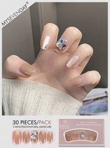 30片短款棺材形压制假指甲贴片，闪闪发光的钻石猫眼，酷炫日韩风女士指甲贴片，指尖，配1片果冻胶和1片摩擦条，适合女性派对、舞会、日常休闲装，可拆卸可重复使用 - 彩色 - 查看 1