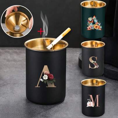 1 件不锈钢桌面烟灰缸带防风盖，防风烟灰缸带首字母 A-Z 图案，适用于办公室和家庭装饰