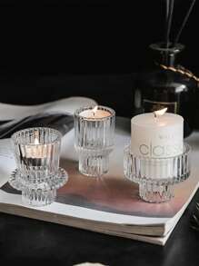 3pcs Set Striped Glass Candle Holders, Dual Use For Thick & Thin Candles, Elegant Home Decor Candle Holder Set Gifts Birthday Graduation,Wedding