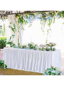 1 pièce Jupe de table jetable pour fête, convient pour les tables rectangulaires ou rondes, nappe résistante aux plis avec bordure à volants, idéale pour les banquets, mariages, camping, anniversaires et présentoirs de cadeaux - Blanc - Voir 2