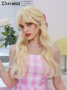 7JHH WIGS Barbi 女士金色假发 分层波浪长发假发 带帘式刘海 耐热合成卷发假发 适合女孩圣诞节万圣节角色扮演日常派对节日和约会使用 24 英寸 - 金色 - 查看 2