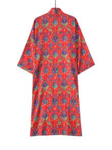 宽松复古佩斯利印花和服/长袍/罩衫，优雅波西米亚风格女士外套，柔软缎面面料，中长款，适合春秋季海滩和旅行