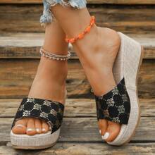 Women's Fashion Embroidered Wedge Slide Sandals - Gold - View 1